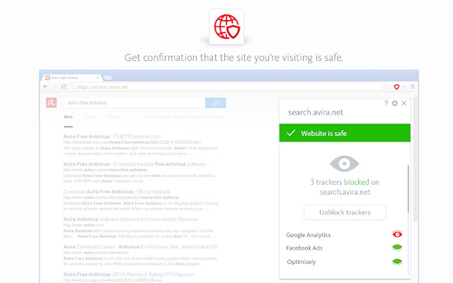 Sikker nettside: Her oppgir Chrome-utvidelsen Avira Browser Safety at nettsiden er trygg å besøke. Det er din trygghet for at du ikke er på vei inn i ukjent og farlig farvann.